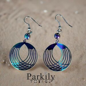 Handcrafted metal filagree colorful, rainbow earrings.